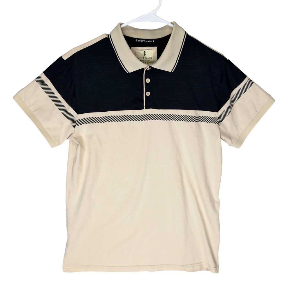 Scott James Polo Shirt Mens Medium Cream Navy Blue Excellent Color Block Stripe